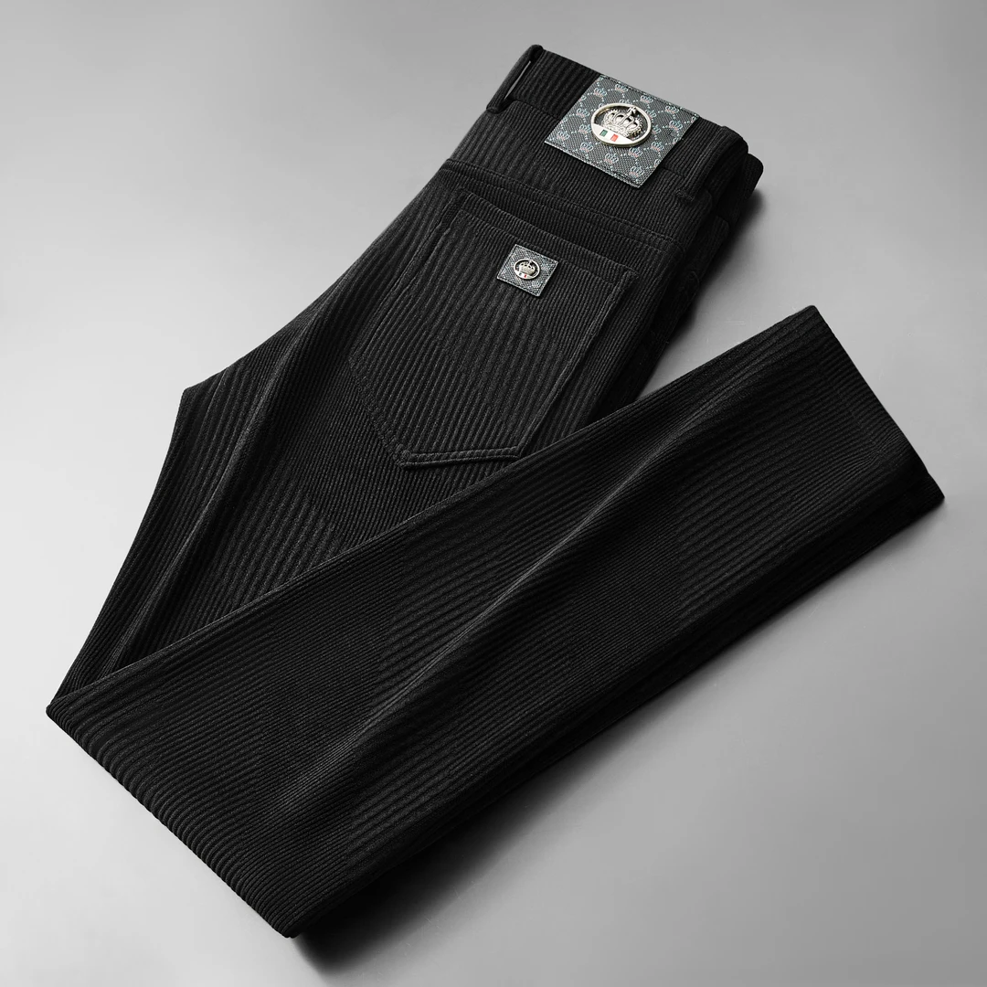 冬季灯芯绒保暖不起毛时尚白高档男士轻奢提花弹力男裤加绒加厚款