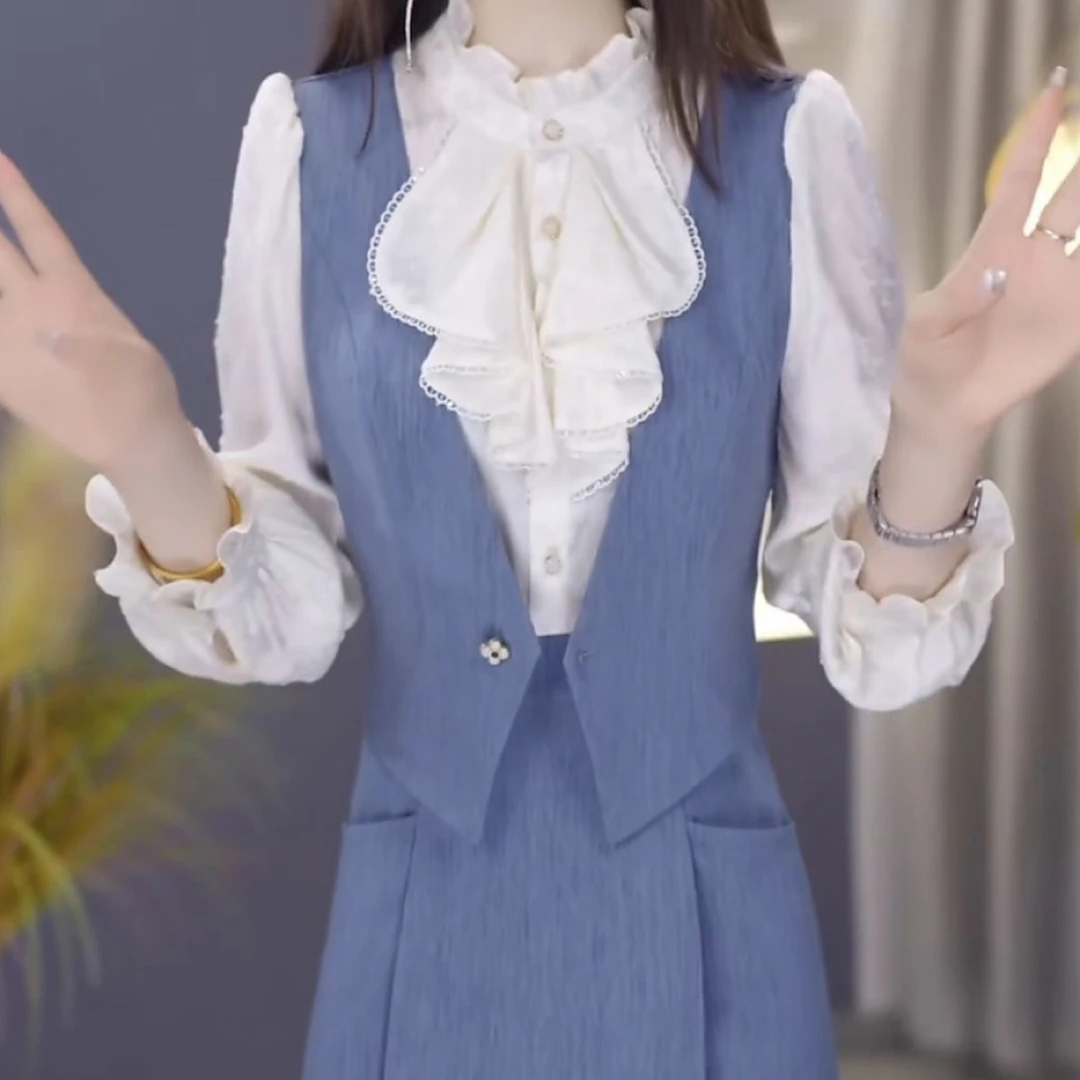 高级TR斜纹时尚气质假两件礼服裙2025秋季新款减龄百搭显瘦连衣裙