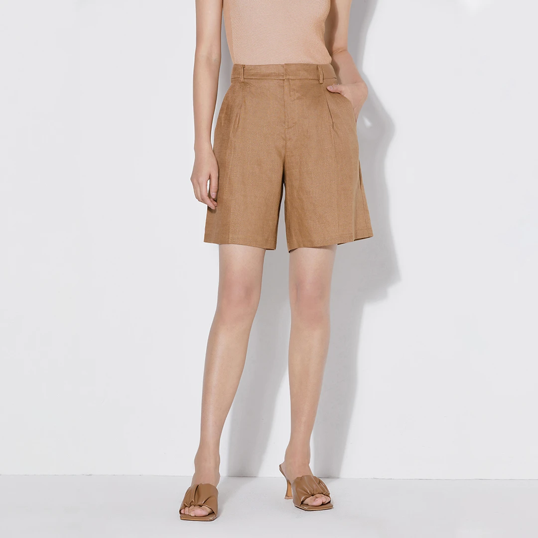 【曼德诗】亚麻高腰休闲裤夏季时尚亚麻遮肉显瘦直筒裤短裤M110029