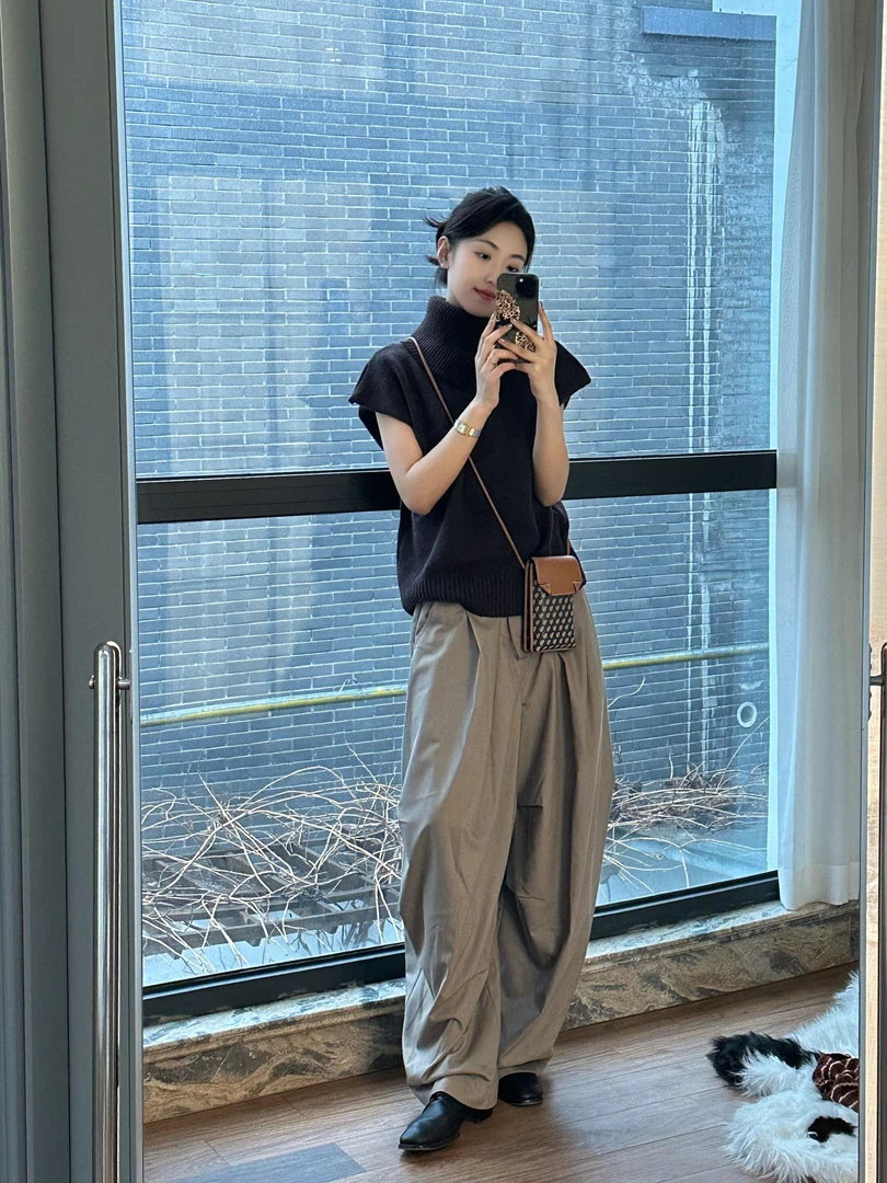 2025新款春夏韩版高领针慵懒风宽松短袖百搭高腰显瘦直筒阔腿裤