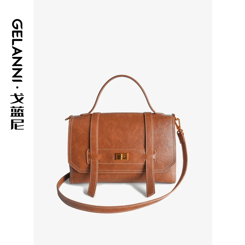 GELANNI复古植鞣手提剑桥包女士潮流斜挎包GLN241025K棕色