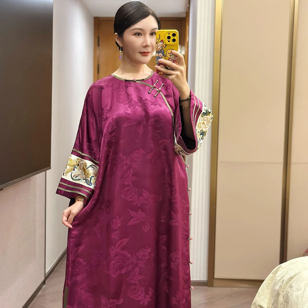 月下微凉｜紫金瑶台40姆米重缎香云纱袍子氅衣宽松刺绣挽袖袍子