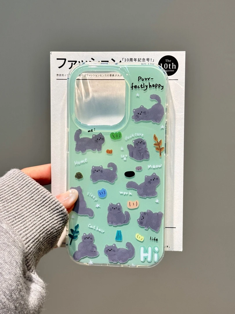 薄荷绿小灰猫IMD手机壳适用苹果15华为OPPOVIVO双层大孔卡通ins