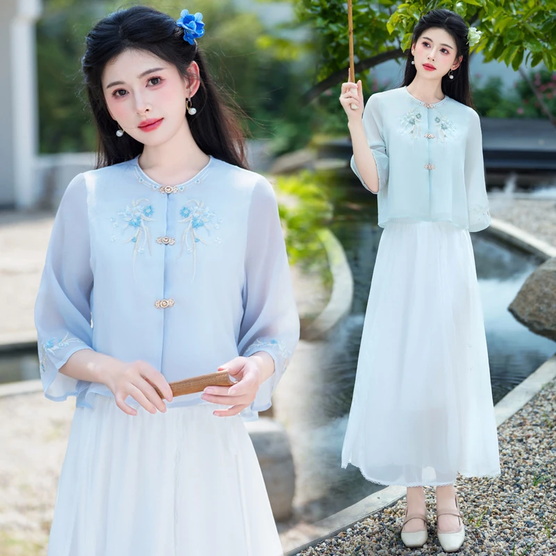好质量中式国风夏季新品清逸雪纺纱刺绣复古国风半袖上衣茶服套装