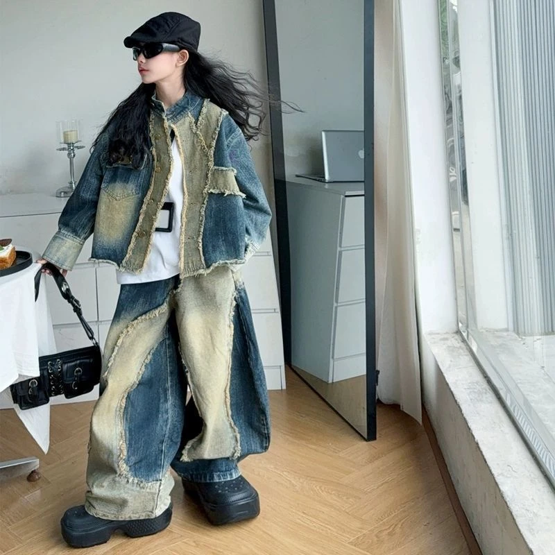 女童重工拼接牛仔套装春秋季2025新款儿童韩版夹克外套弯刀阔腿裤