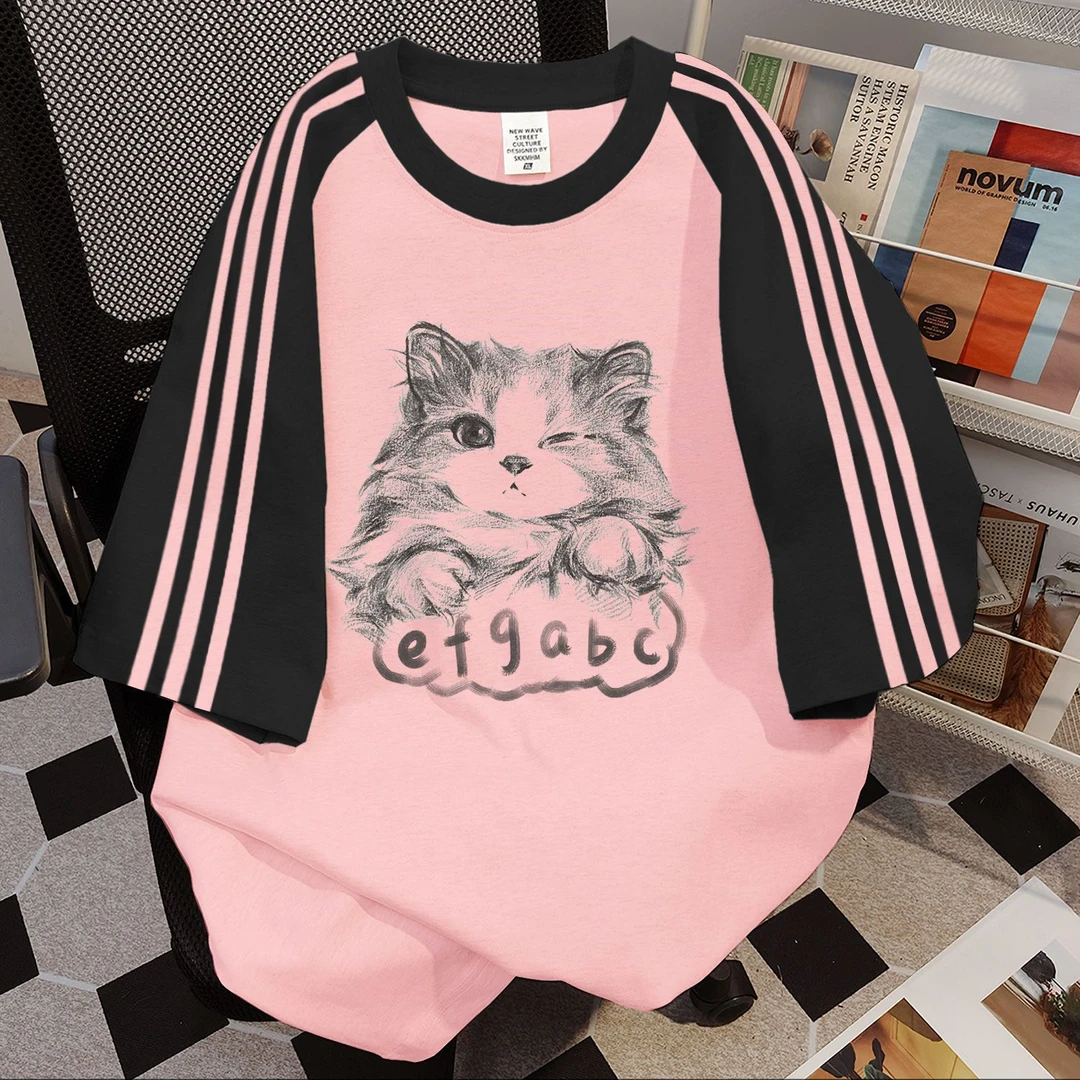 100%纯棉韩版设计感猫咪三条杠短袖t恤女夏季休闲韩牌情侣上衣ins
