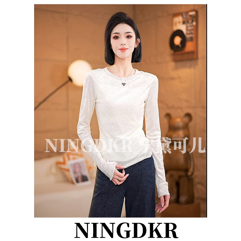黛B30129设计感气质时尚闪钻修身显瘦烫钻上衣女网纱T恤衫内搭