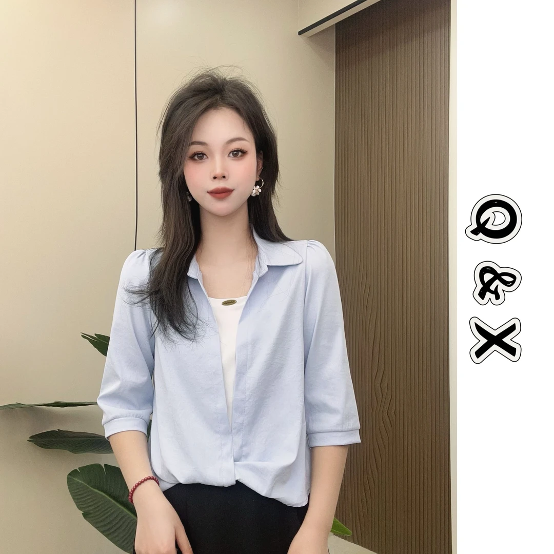 2025新款拼接假两件衬衫设计洋气百搭女士上衣