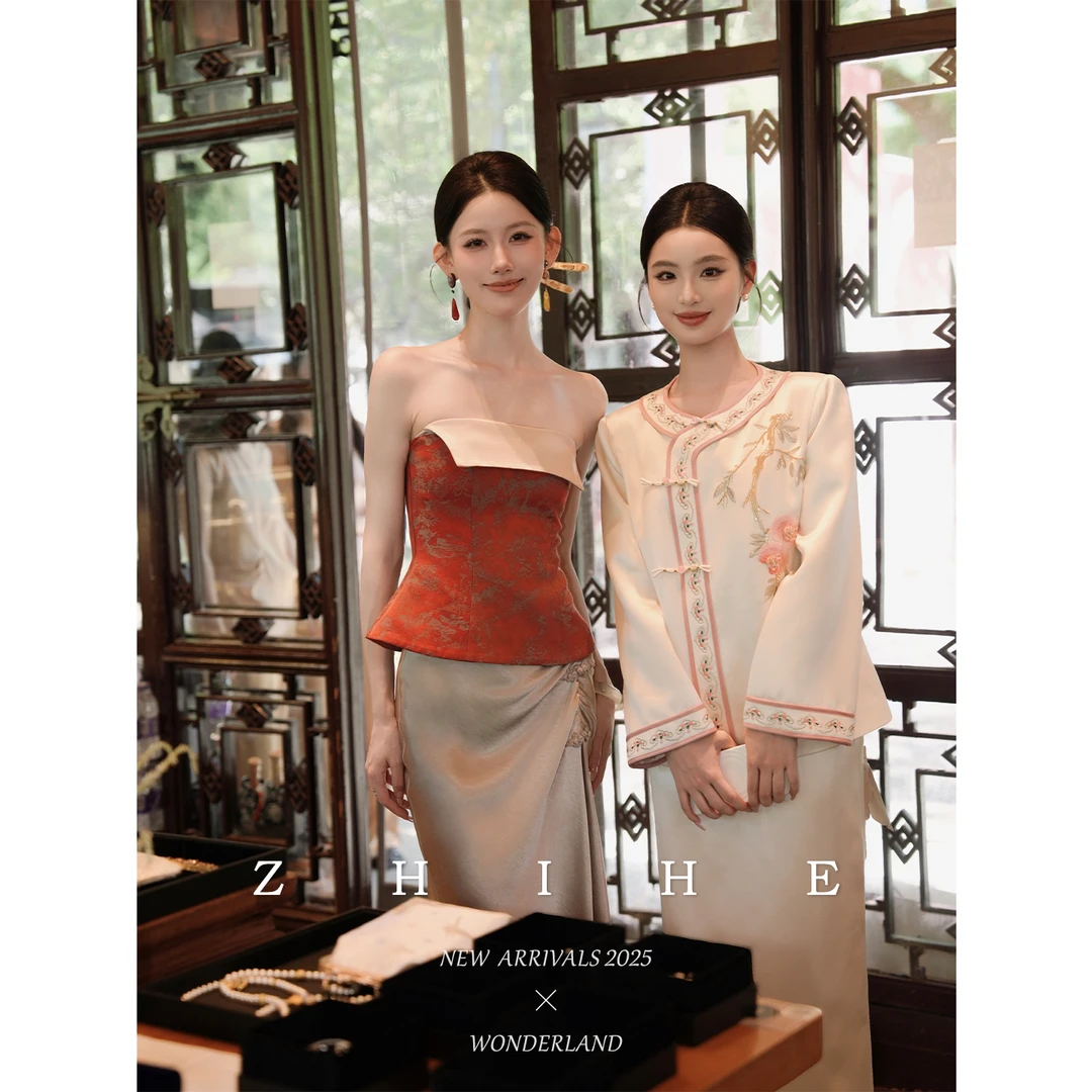 无艳一禾【曼珠沙华】原创新中式收腰提花上衣+缎面半裙