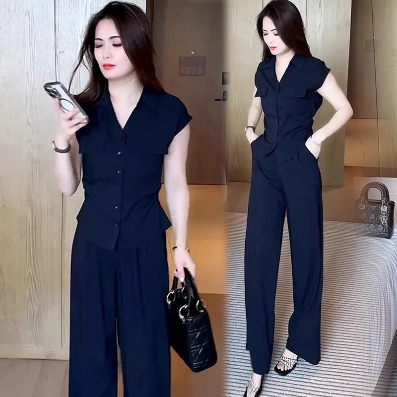 时尚洋气质套装女2025夏季薄款显瘦V领短袖衬衫阔腿裤休闲两件套