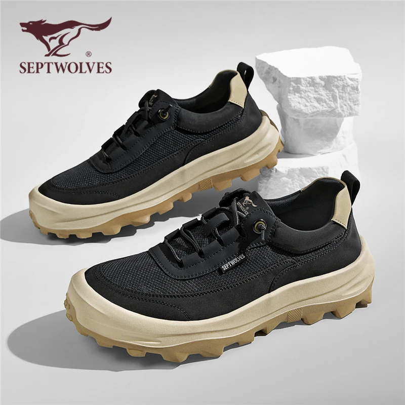 七匹狼正品男鞋秋季透气黑色网面鞋百搭休闲户外鞋防滑登山运动鞋
