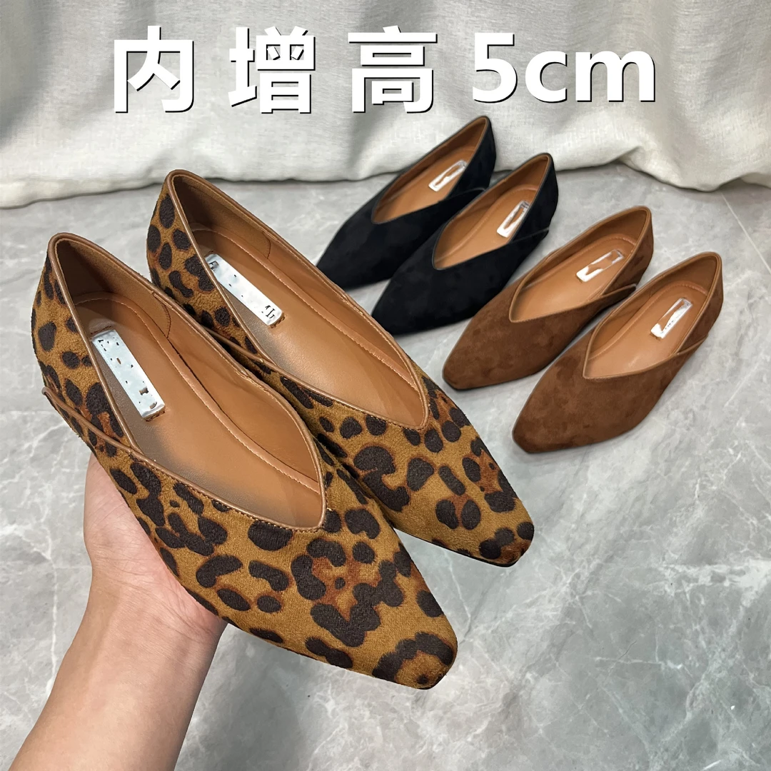 新疆西藏包邮小个子内增高5CM方头复古浅口单鞋豹纹羊皮平底鞋女