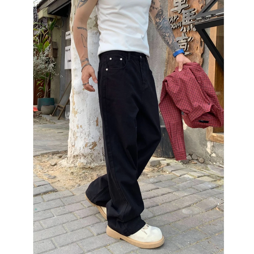 QUALCOMM美式vibe牛仔裤男秋季高街直筒简约黑色复古宽松拖地裤子