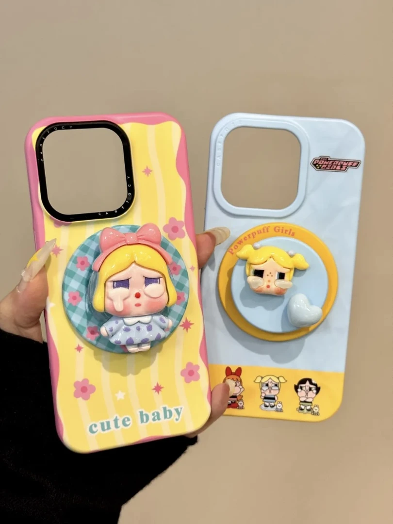 可爱波浪粉黄底蝴蝶结哭娃支架适用iphone16pro手机壳苹果15pro新