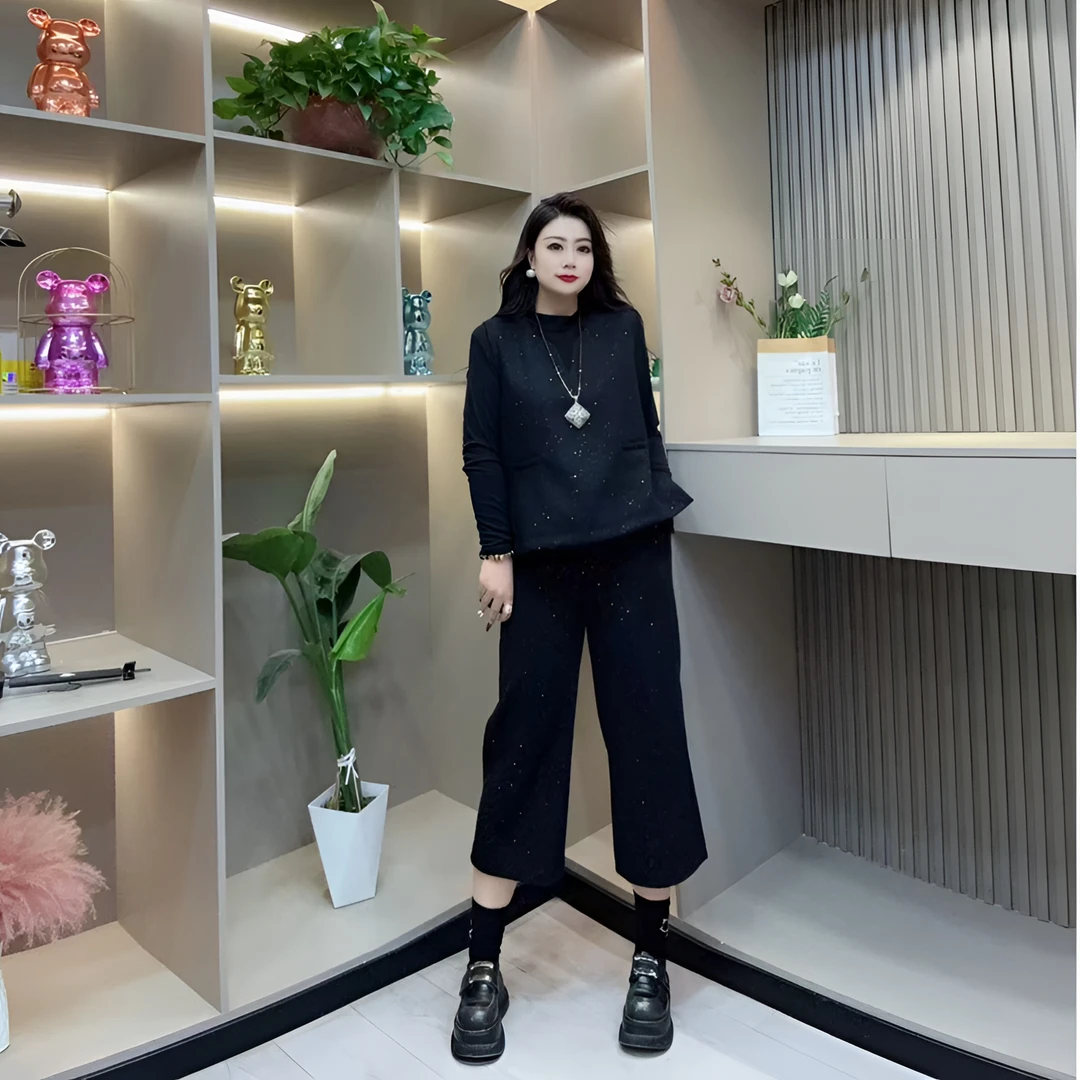 春季三件套-甜 3642时尚洋气潮流亮闪简约百搭款胖MM大码女装新款