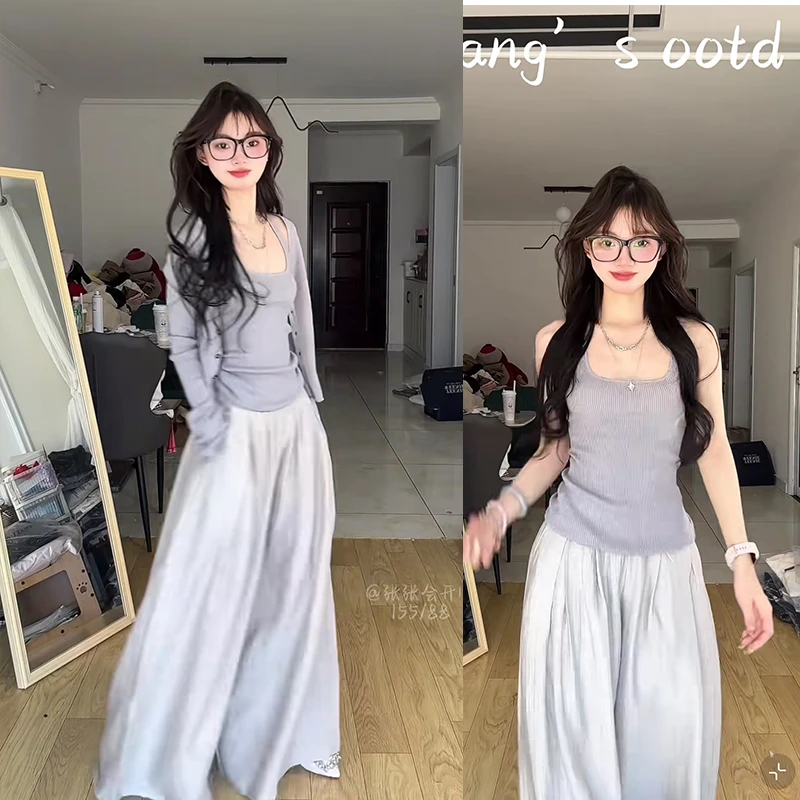 早春时尚一整套女装2025新款韩版慵懒松弛感开衫背心阔腿裤三件套