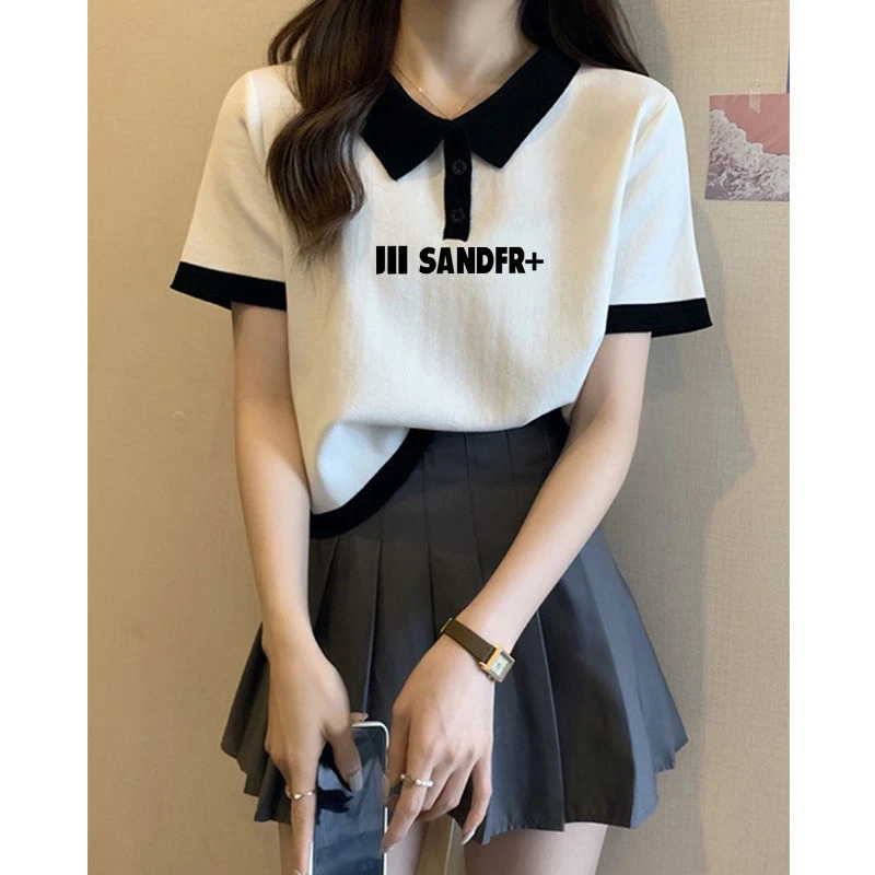 欧货撞色正肩短袖t恤女2025夏季新款大码胖mm显瘦印花polo领上衣
