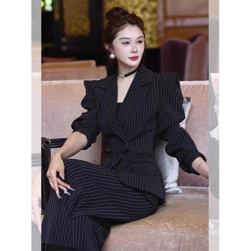 一整套黑色条纹西装气质职业套装秋2025新款爆款轻奢高级感女人味