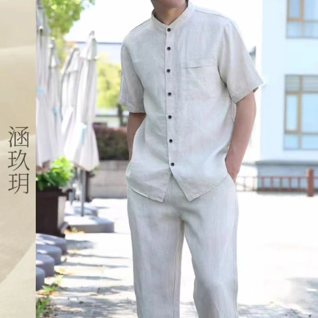 涵玖玥▪100%黄金纱雨露麻【男装立领】口袋短袖开衫上衣玄-2310
