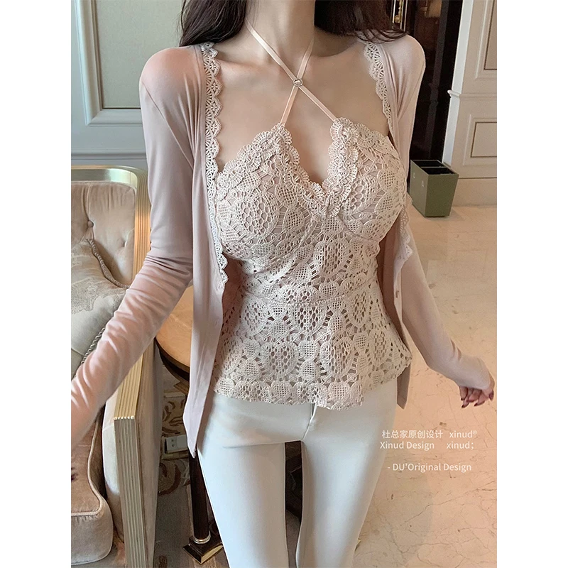 杜总家 玫瑰吻痕*原创钻扣设计纯欲千金风挂脖修身内搭吊带套装女