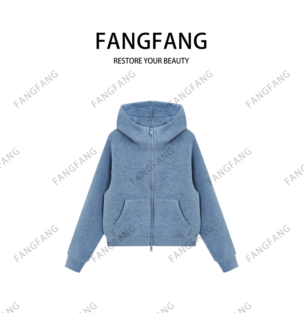 F.F极简风厚款长袖女连帽中长款卫衣带帽保暖纯色2736