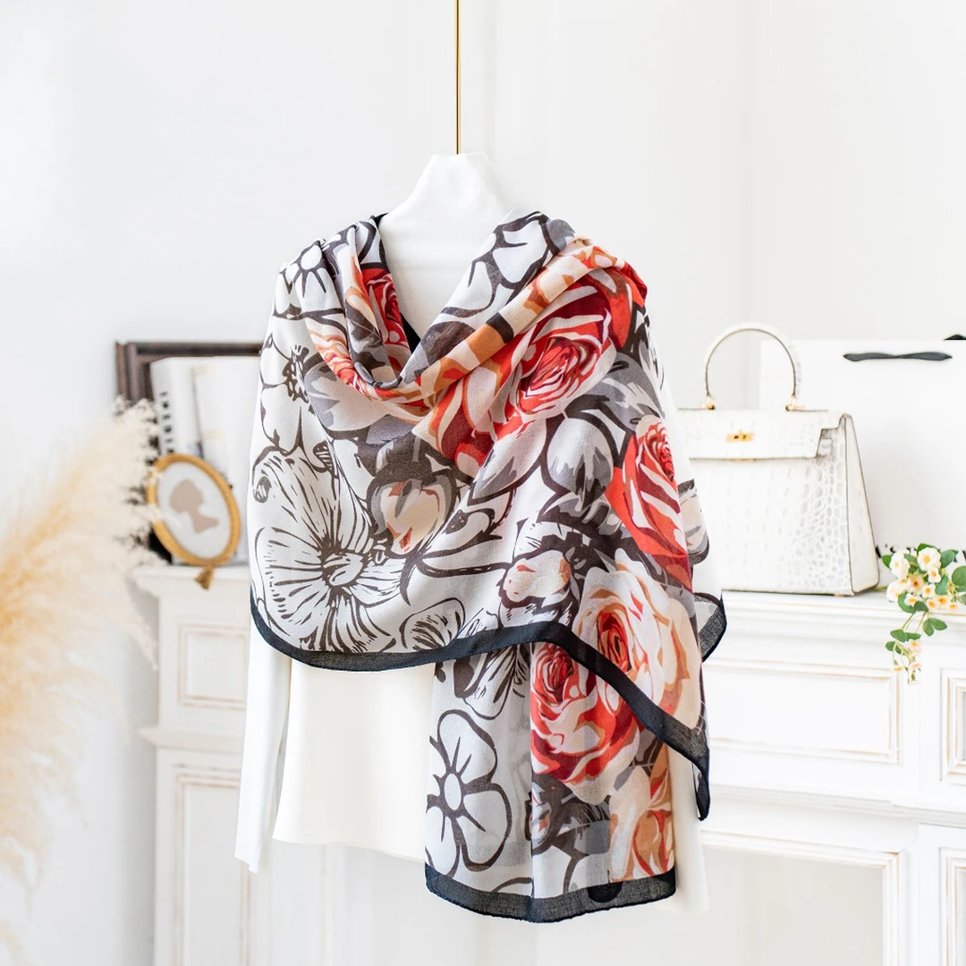 达芬奇密码2025纱巾180*80cm柔情玫瑰爆款人棉气质百搭女披肩纱巾