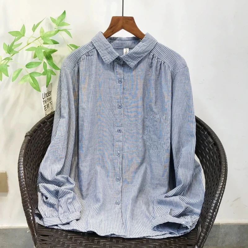 时尚双层棉纱蓝色长袖衬衫女式2025春秋季复古条纹翻领打底衫上衣
