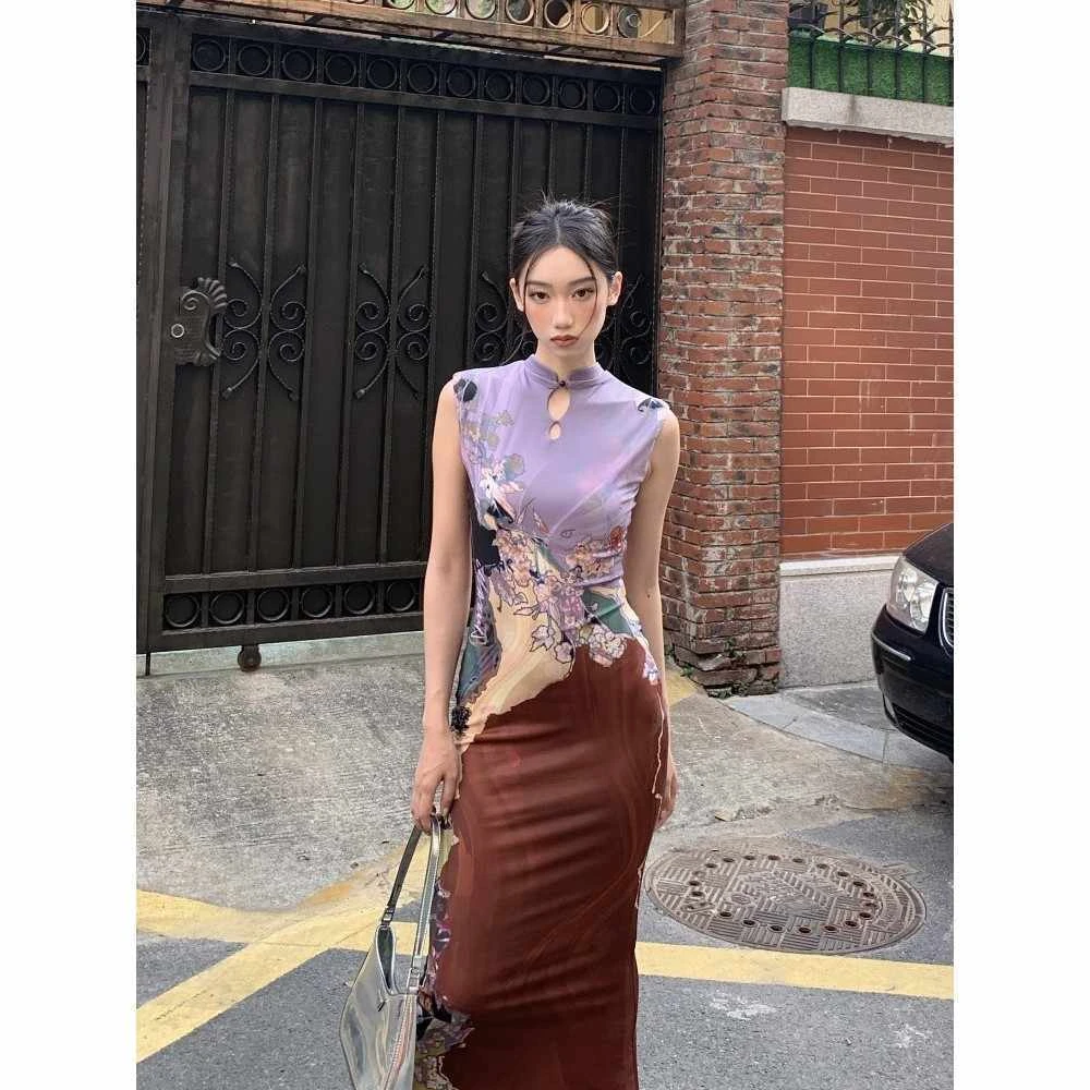 新中式国风前后两穿撞色旗袍连衣裙女夏鱼尾背心裙收腰包臀长裙子