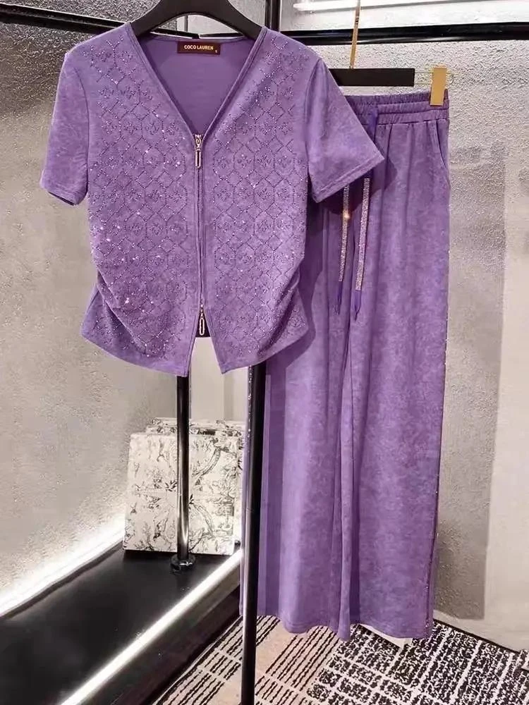 网红同款 夏季烫钻T恤+阔腿裤套装女2025新款遮肉显瘦时尚两件套