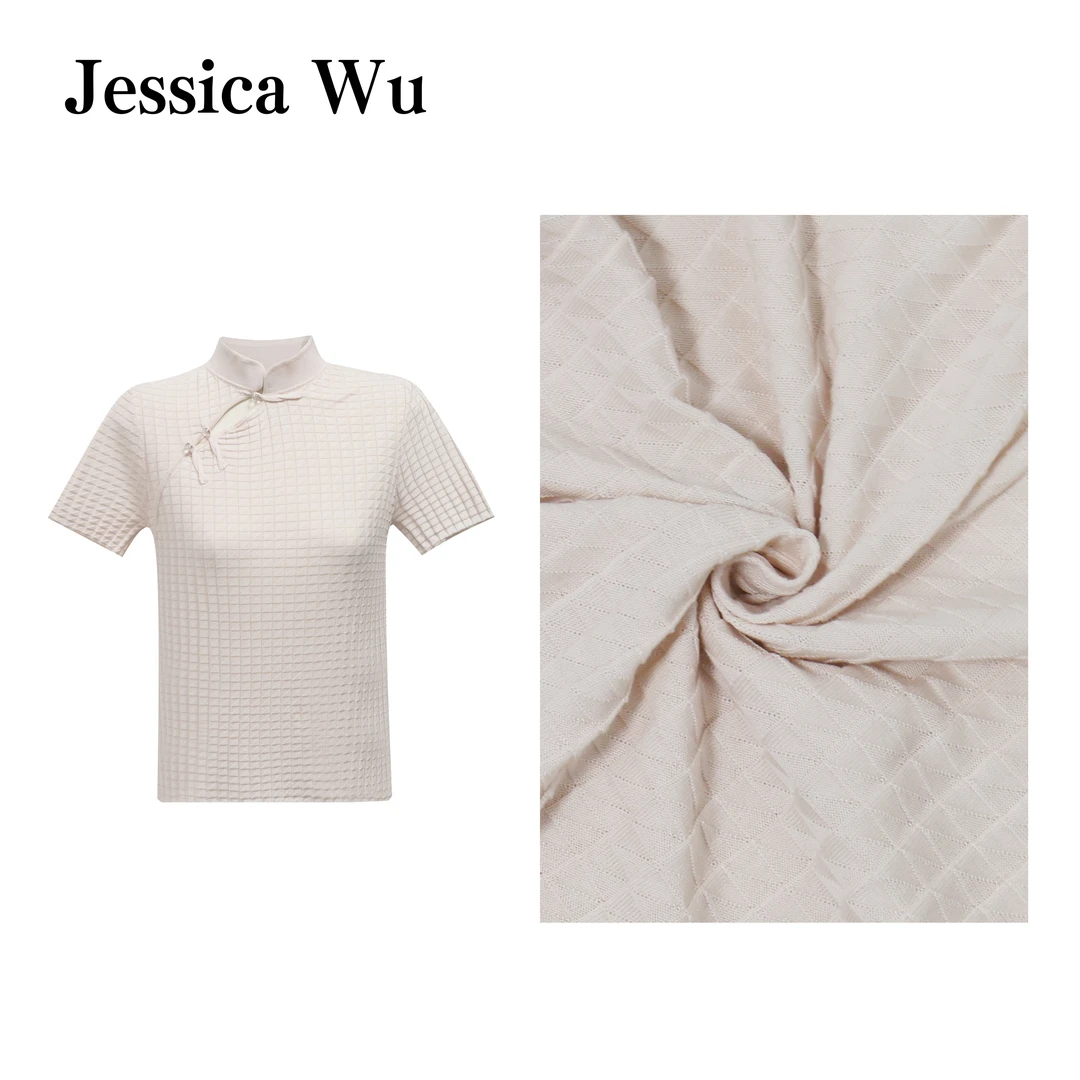 JESSICA WU温婉国风~肌理感斜襟中式盘扣桑蚕丝针织短袖