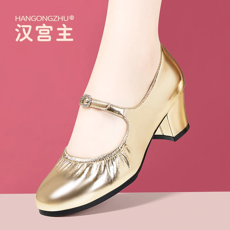 妮格尔同款新疆舞鞋年会跳舞鞋软底宽跟镶钻时尚好看金色舞台表演