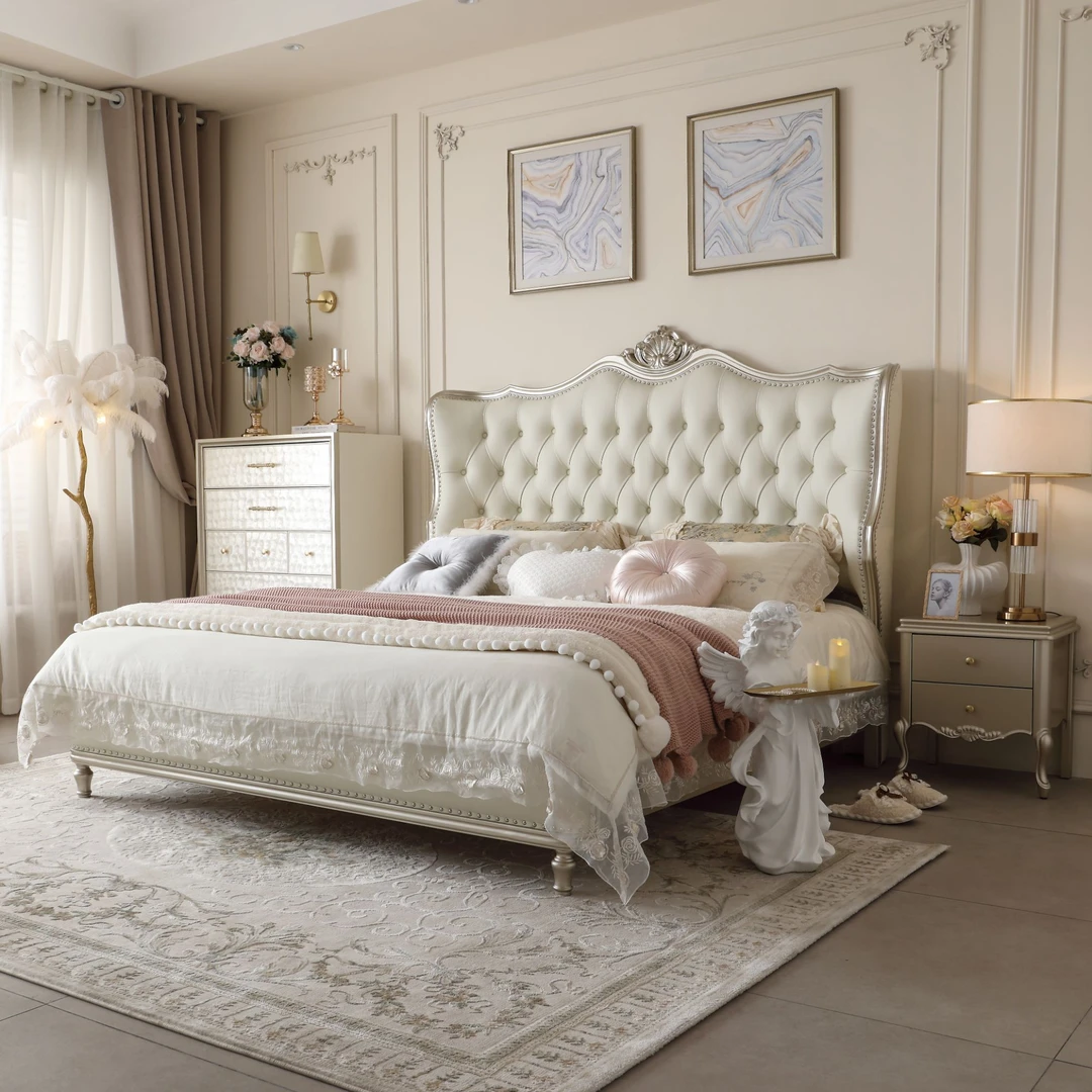 真皮双人欧式主卧实木床法式奶油风卧室储物静音婚床佛山家具