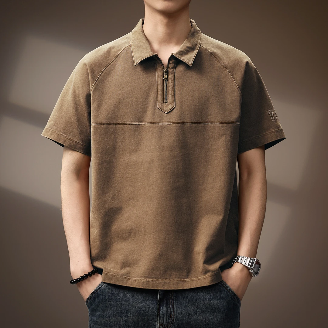 MR.MUDI/穆迪先生高端美式拼接短袖Polo衫男夏季宽松半拉链T恤