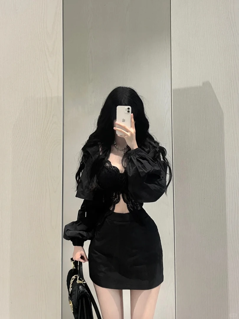 辣妹性感蕾丝蝴蝶吊带背心上衣薄款防晒短款外套包臀半身裙套装