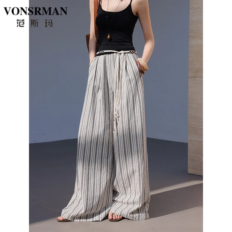 范斯玛黑白条纹宽松休闲裤女2025夏季拼接新款垂感显瘦拖地长裤