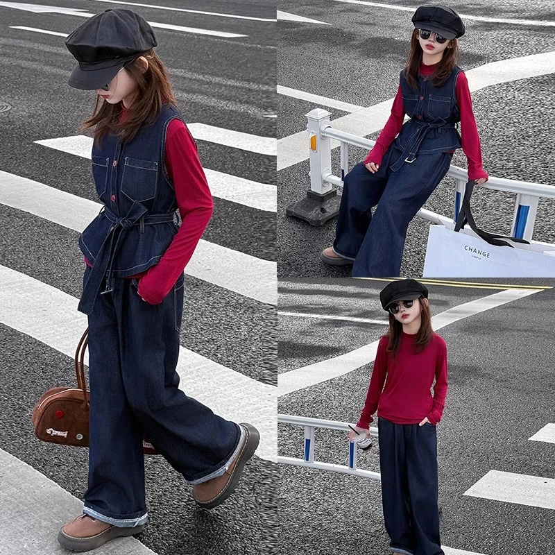 女童春装2025新款套装时髦洋气女大童牛仔三件套儿童网红背心春秋