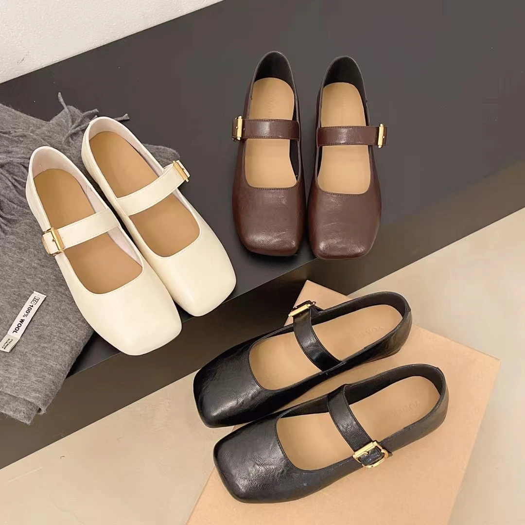 法式复古方头单鞋粗跟浅口舒适百搭玛丽珍女鞋