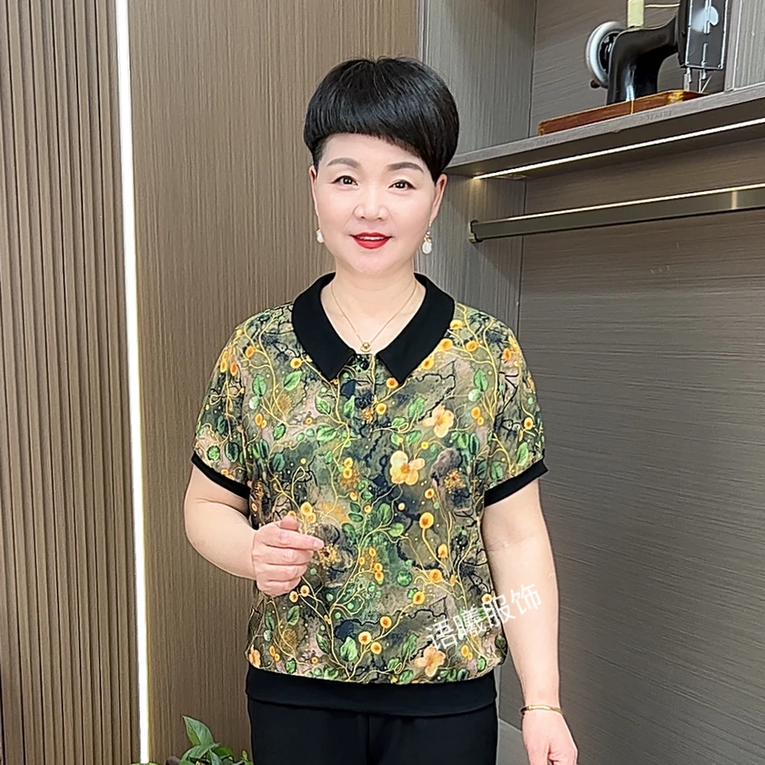 夏季中年短袖娃娃领宽松型新潮风T恤夏装洋气百搭妈妈装F8865
