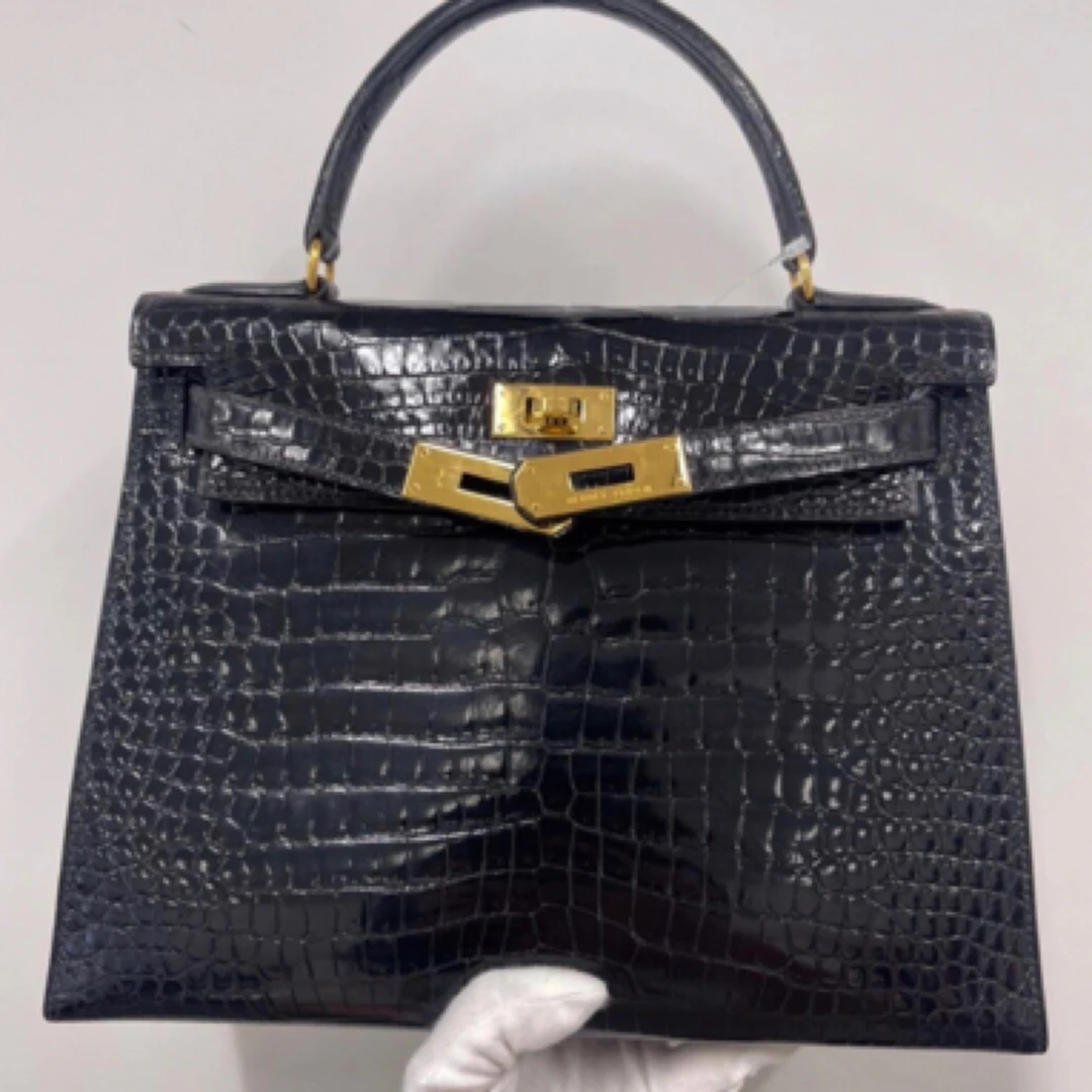 99新 Hermes/爱马仕 kelly28黑金鳄鱼金扣圈X单肩包