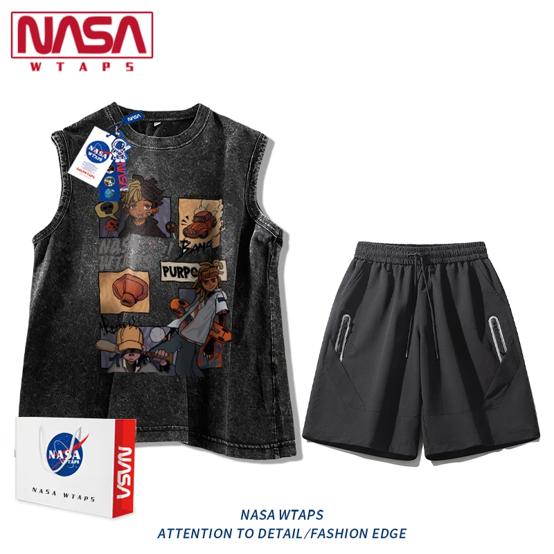 NASA WTAPS夏季复古高街坎肩无袖背心套装男印花T恤运动短裤两件
