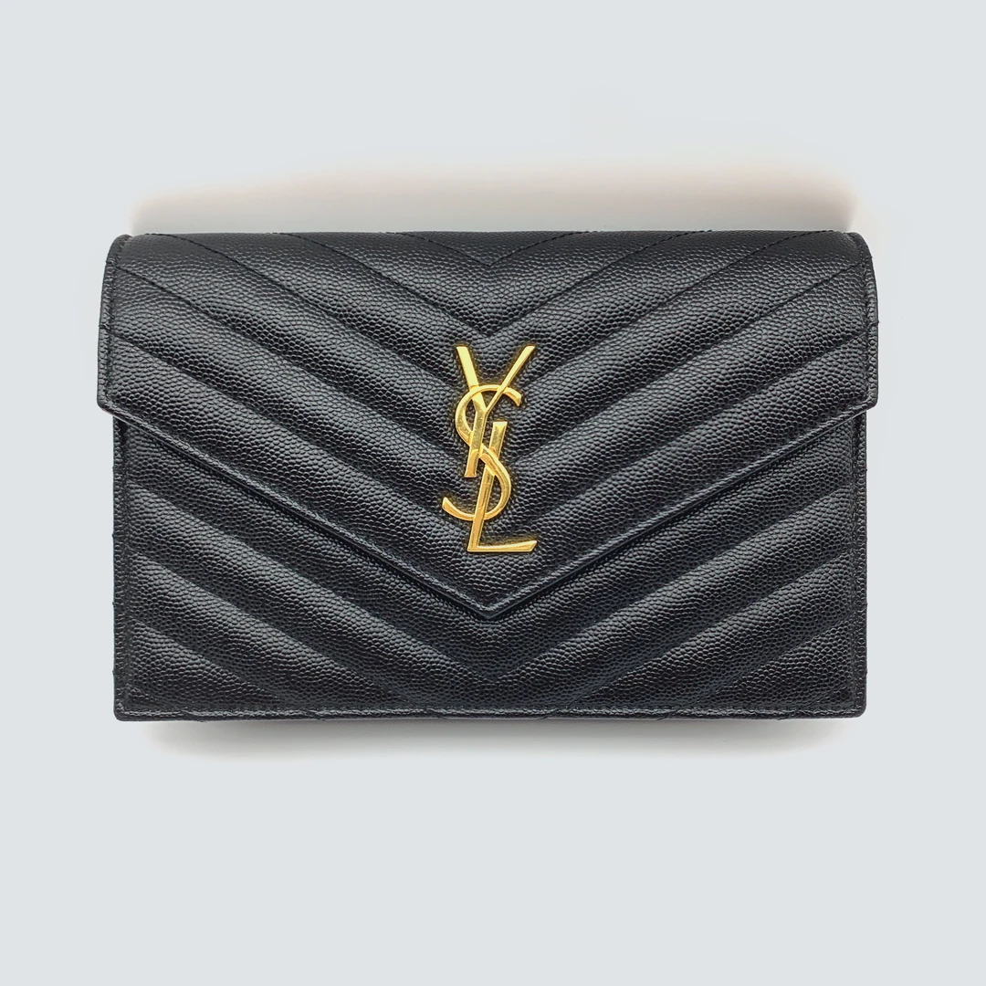 99新 YSL/圣罗兰 黑金鱼子酱WOC中号信封链条包单肩包斜挎包黑色