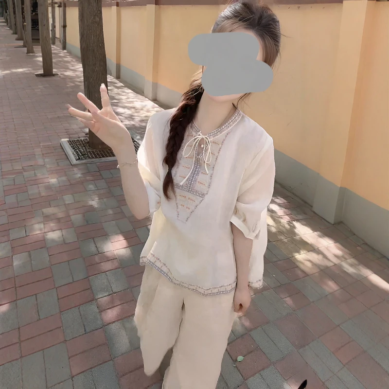 新中式国风套装女2025新款夏季时尚圆领防晒衬衫高腰阔腿裤两件套