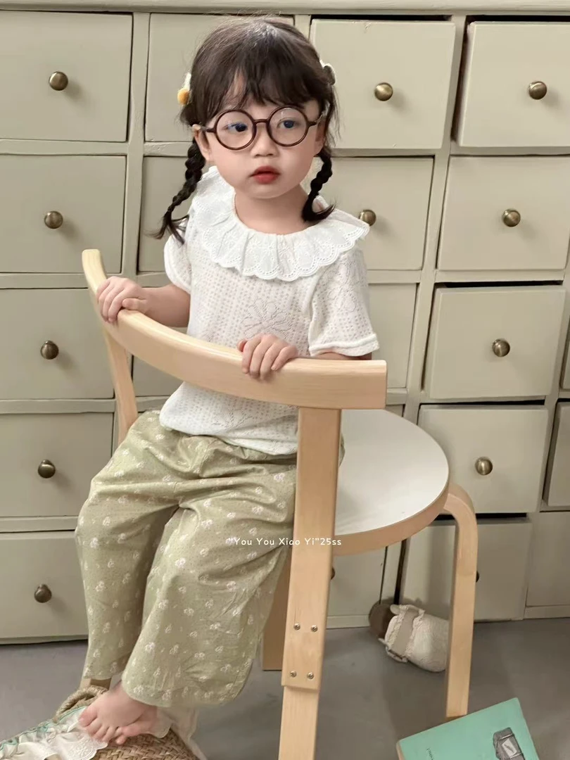 {花卷卷}2025夏季女童重工娃娃领小花刺绣+绿色碎花裤两件套68079