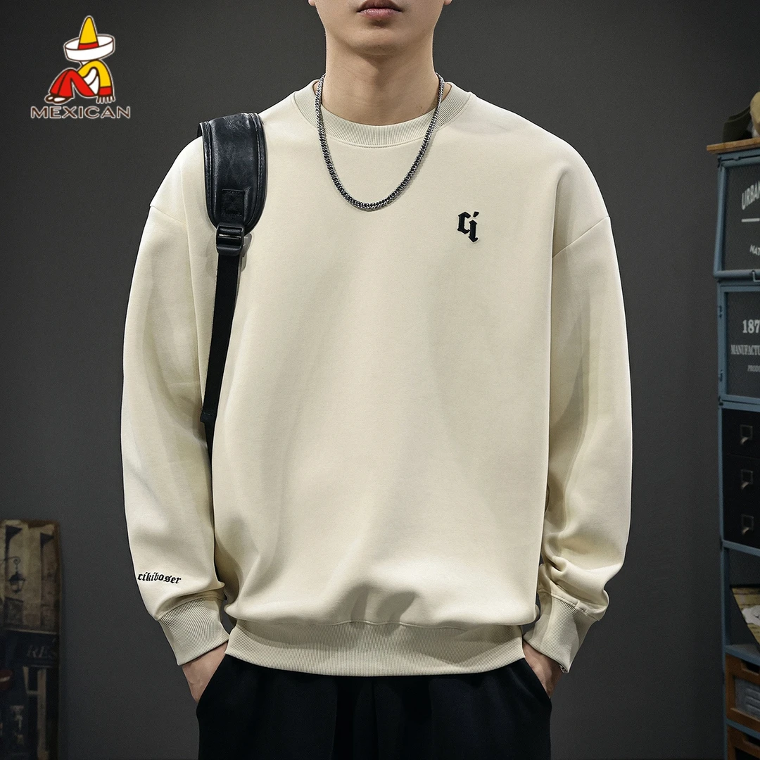 Mexican/稻草人美式潮牌圆领卫衣男款秋冬宽松加绒加厚内搭打底衫