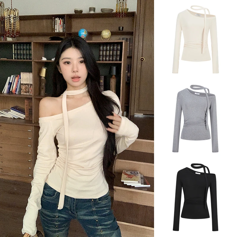 Moses Queen/魔西女王飘带斜肩长袖t恤女秋新款露肩内搭打底上衣