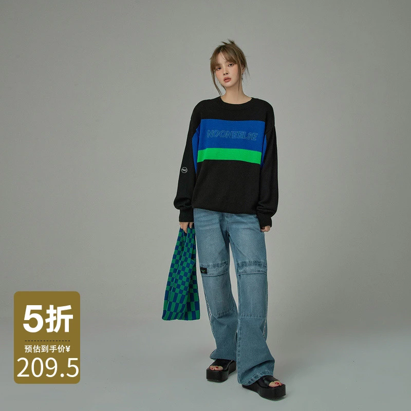 NO ONE ELSE美式复古女装宽松圆领长袖套头休闲字母印花针织衫