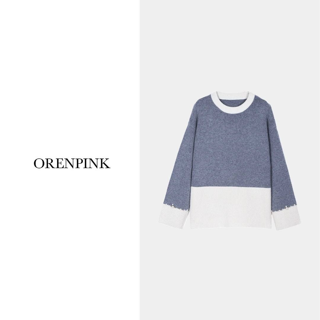 OREN PINK/奥粉25年新款早春款圆领拼色珍珠针织时尚气质女装开衫