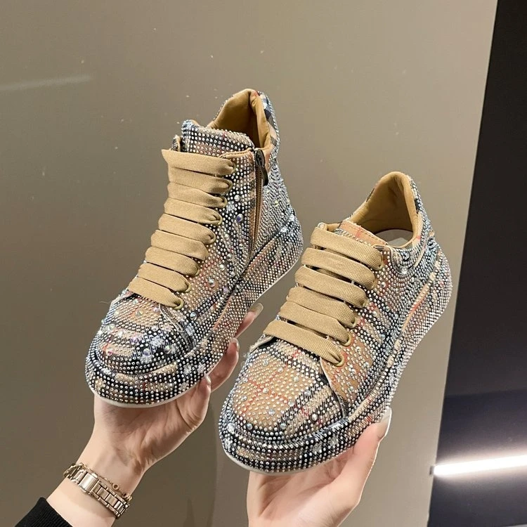 2025年秋季新款乐福网红休闲镶钻条纹时尚百搭德训满钻鞋高帮轻奢