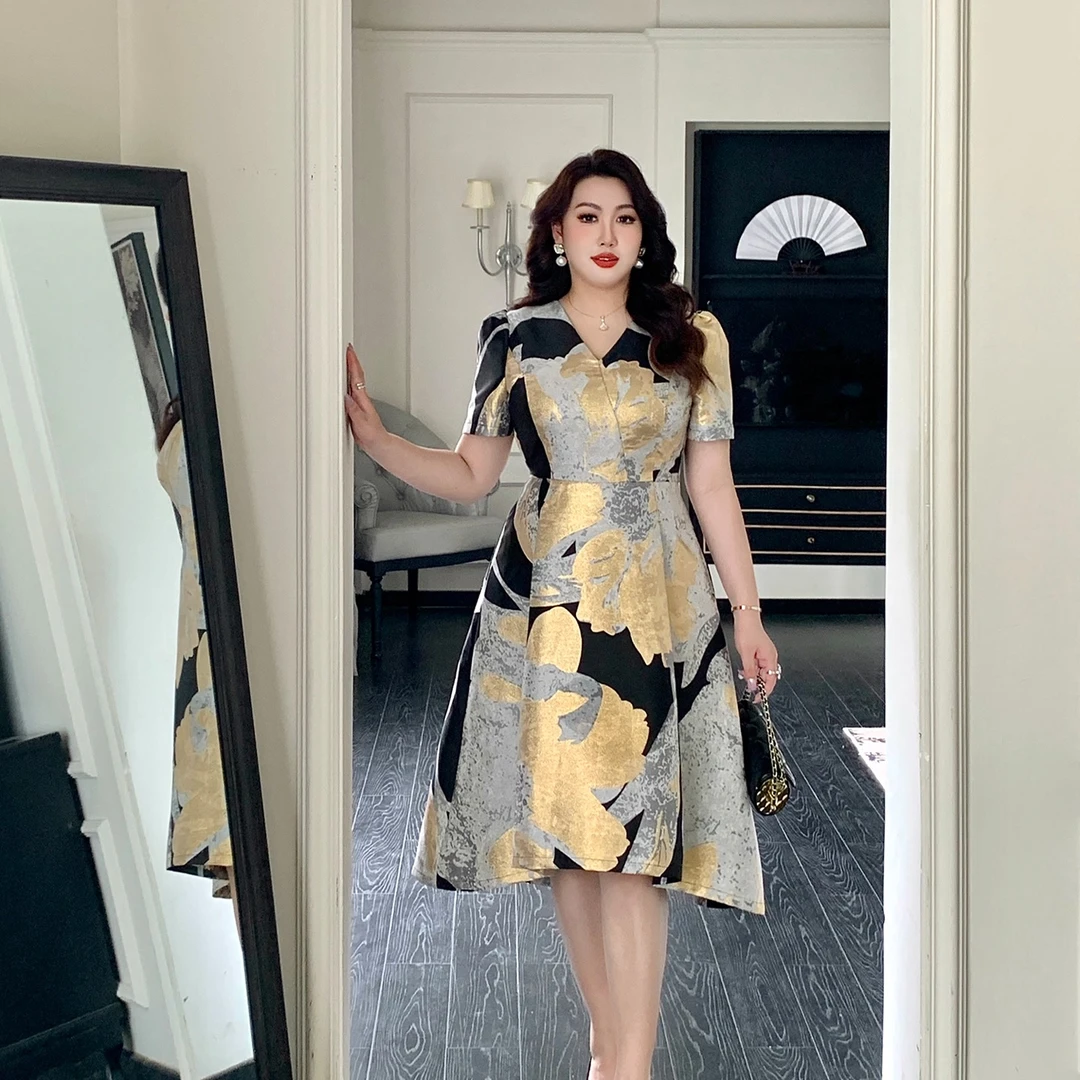 GLEC大码女装2024夏新款气质名媛风复古提花高端胖mm连衣裙G777A