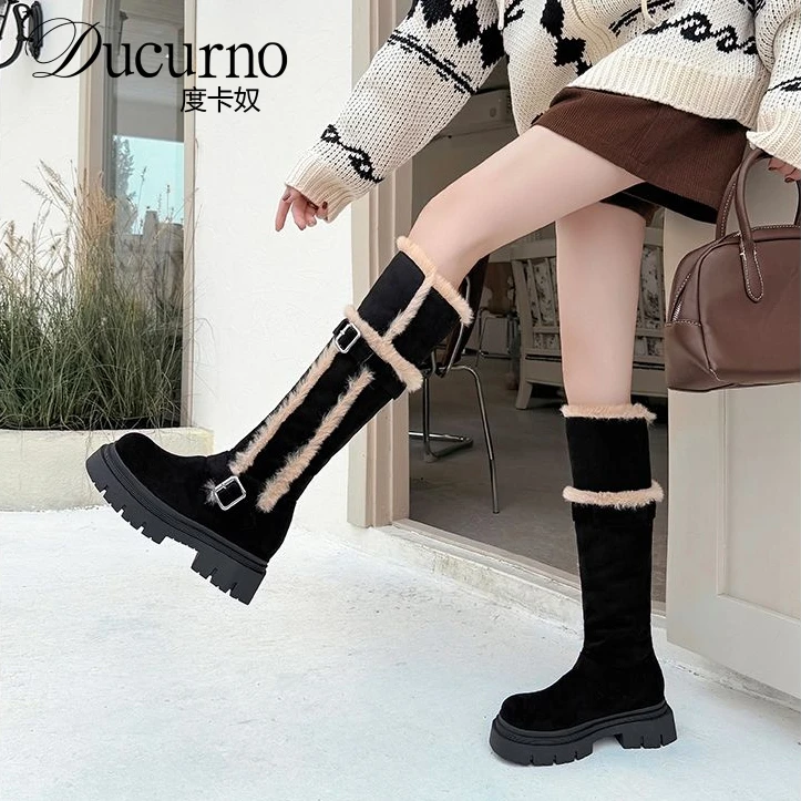 DUCURNO小个子厚底软糯毛毛靴女内增高长筒西部靴加绒保暖骑士靴